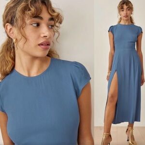 Reformation Blue Midi Dress with Cap Sleeves